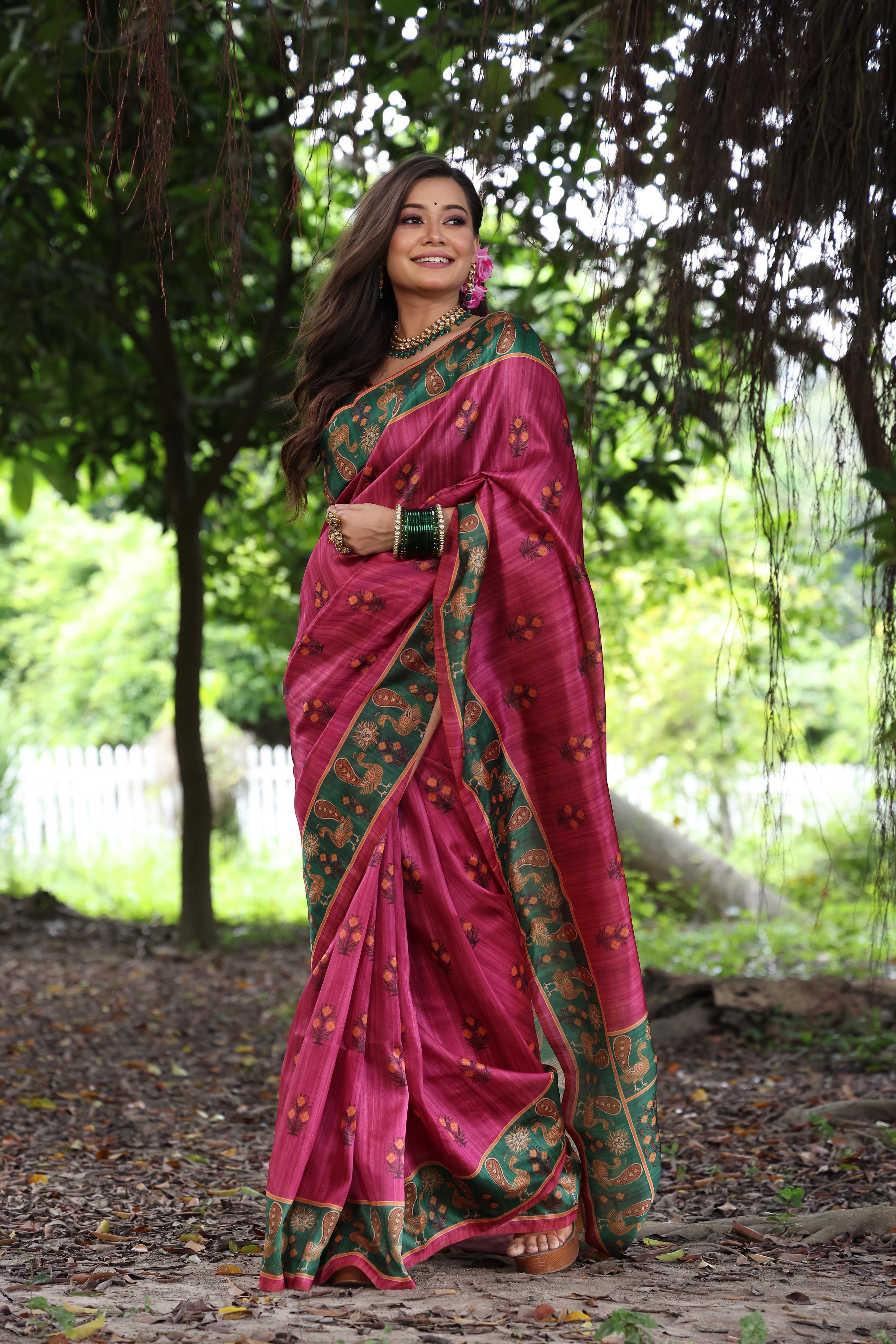 Premium Mixture of Peacock and Pichwai Print Soft Tussar Silk Saree